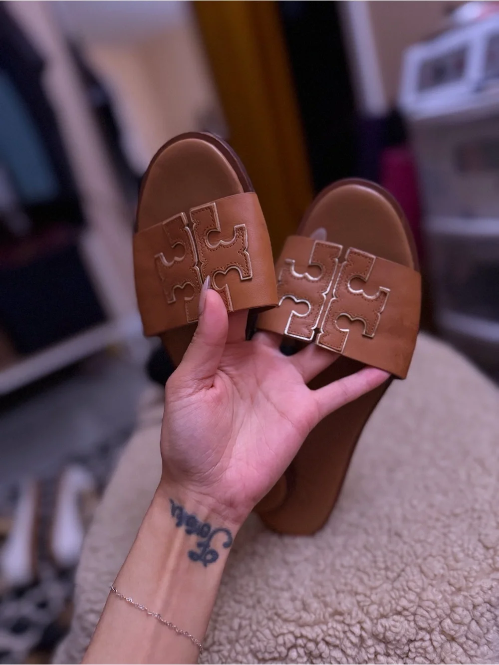 Tory Burch Tan Leather Logo Slide Sandals